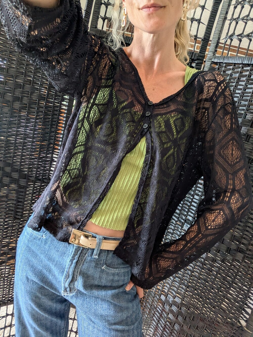 Xl Vintage 1990s Black Lace, Vneck pullover cardigan with open waistline